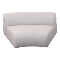 Curved light gray fabric sofa with a minimalist design, perfect for modern living spaces.