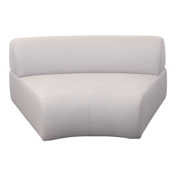 Curved light gray fabric sofa with a minimalist design, perfect for modern living spaces.