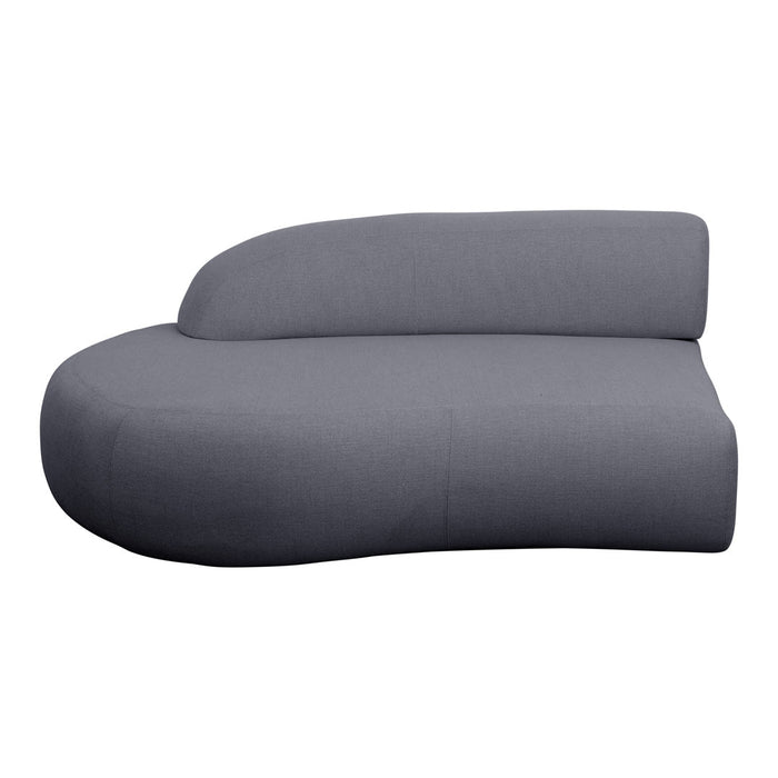 Curved gray sofa with a smooth, minimalist design and a subtle fabric texture, perfect for modern interiors.