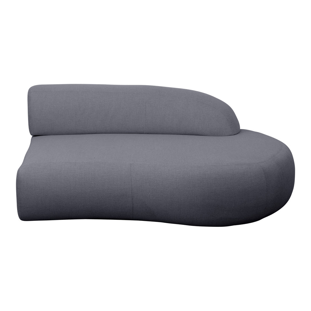Curved gray sofa with a smooth, minimalist design and soft fabric texture, perfect for modern interiors.