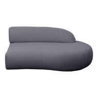 Curved gray sofa with a smooth, minimalist design and soft fabric texture, perfect for modern interiors.