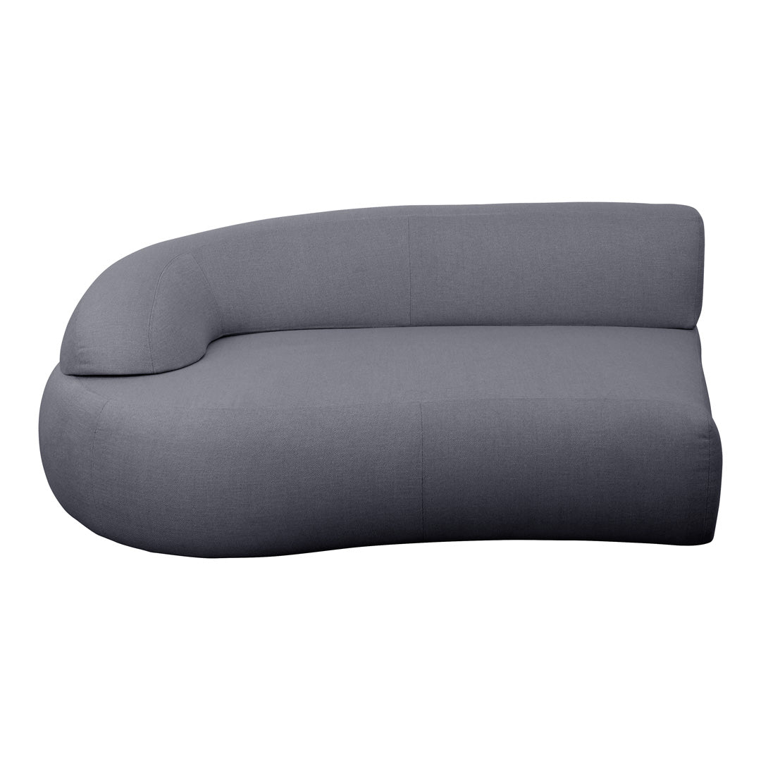 Curved modern couch in a smooth, dark gray fabric with a minimalist design.