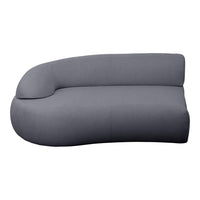 Curved modern couch in a smooth, dark gray fabric with a minimalist design.