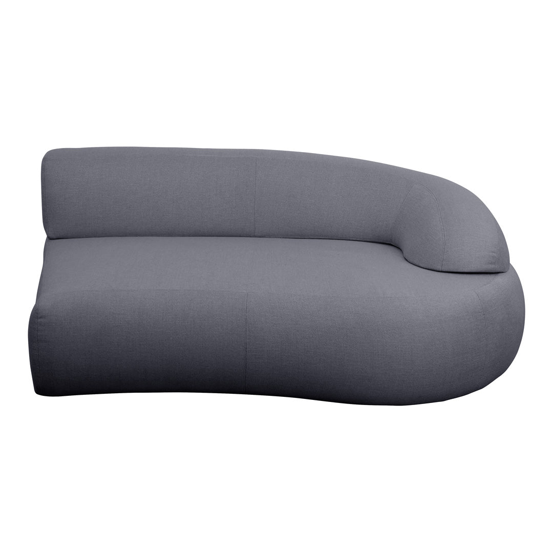 Curved modern sofa in a sleek, solid gray fabric, showcasing a minimalist design with clean lines.