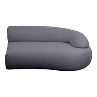 Curved modern sofa in a sleek, solid gray fabric, showcasing a minimalist design with clean lines.