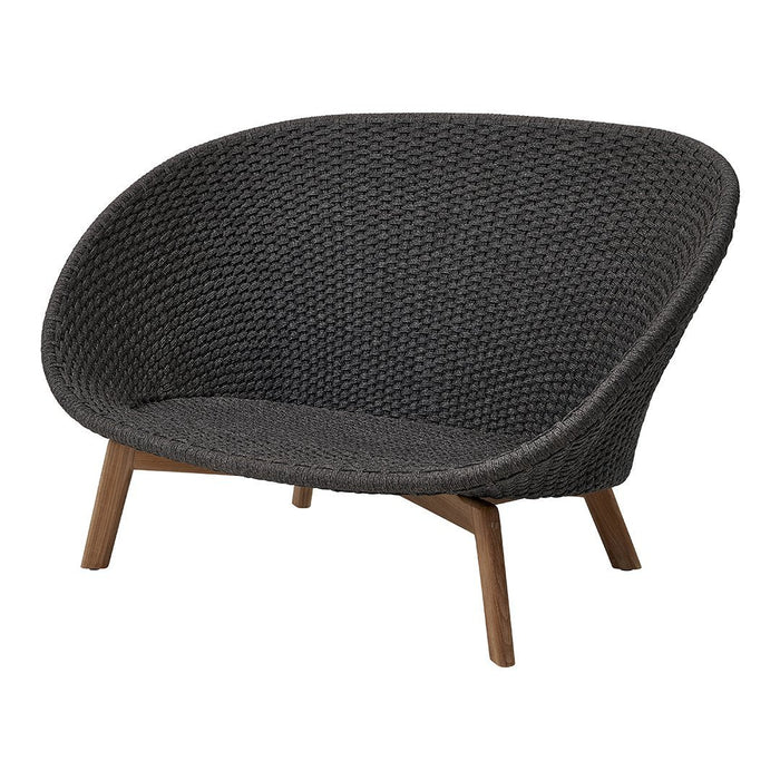 Stylish gray woven loveseat with textured pattern and natural wood legs, perfect for modern décor.