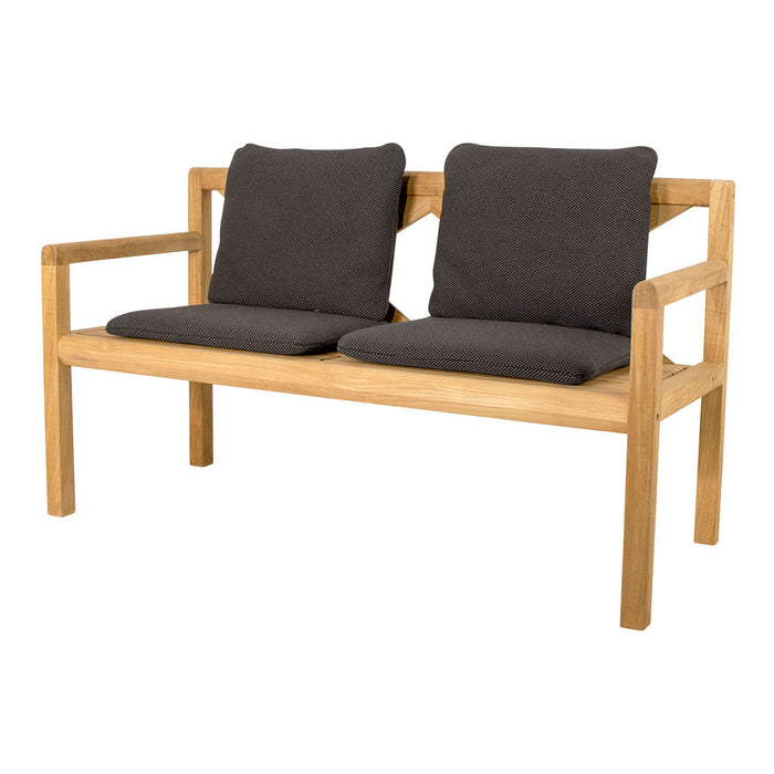 Wooden bench with light oak frame and dark grey textured cushions for a modern, stylish look.