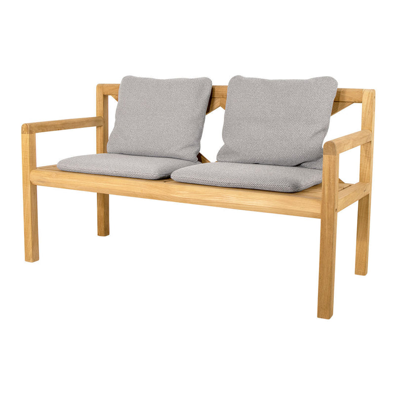 Natural wood frame with gray, herringbone-pattern cushions, perfect for modern outdoor or indoor decor.