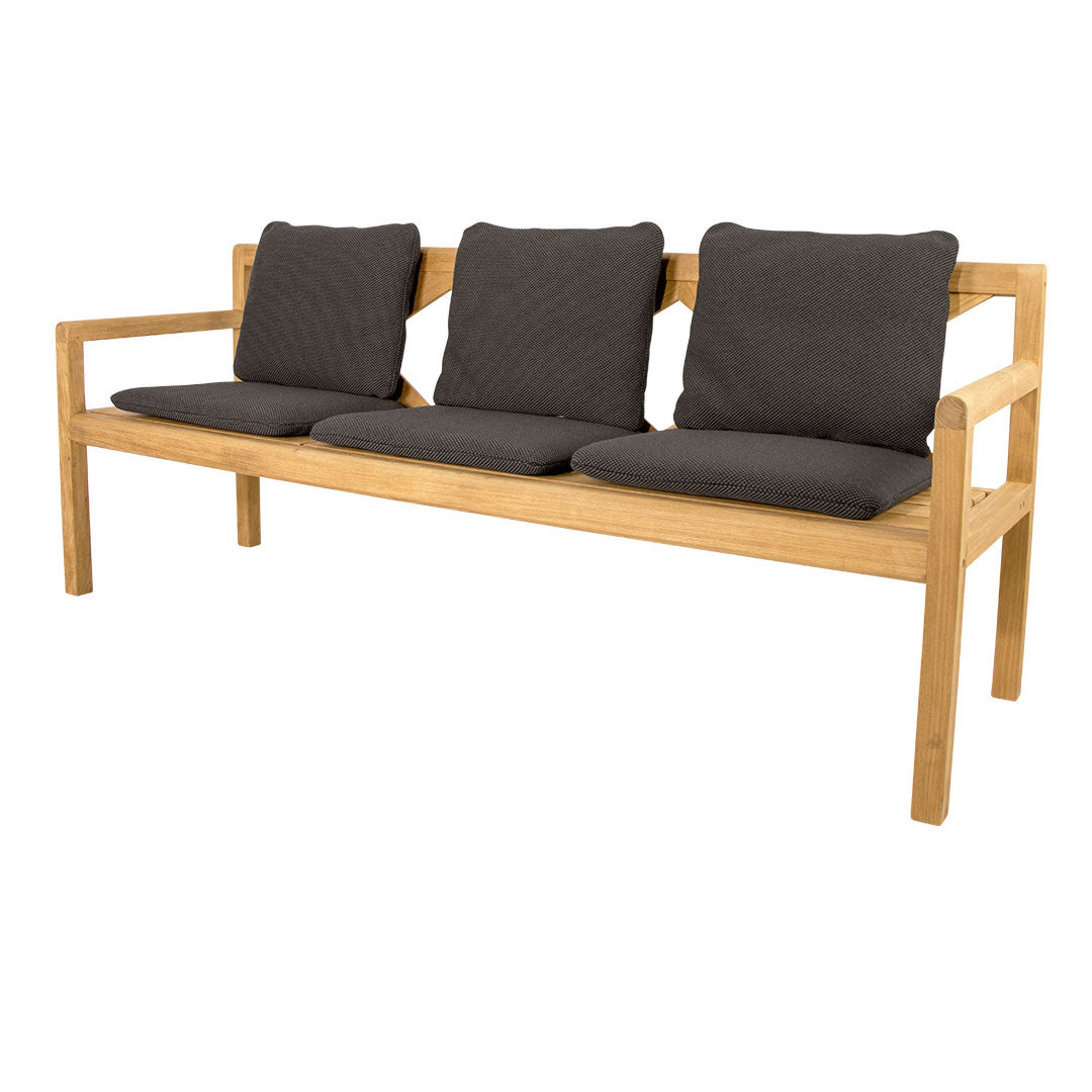 Natural wood finish with dark gray textured cushions for a stylish, modern three-seater sofa.