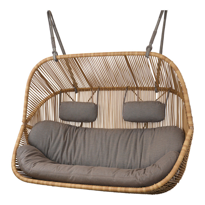Stylish hanging swing with a natural wicker frame and gray striped cushions for a modern look. Perfect for outdoor relaxation.