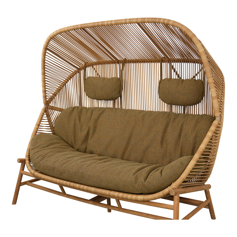 Brown upholstered sofa swing with natural woven rattan frame and soft cushions, featuring a minimalist design.