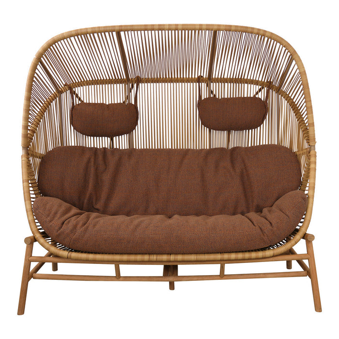 Brown cushioned rattan swing chair with a woven backrest and curved design, perfect for indoor or outdoor relaxation.