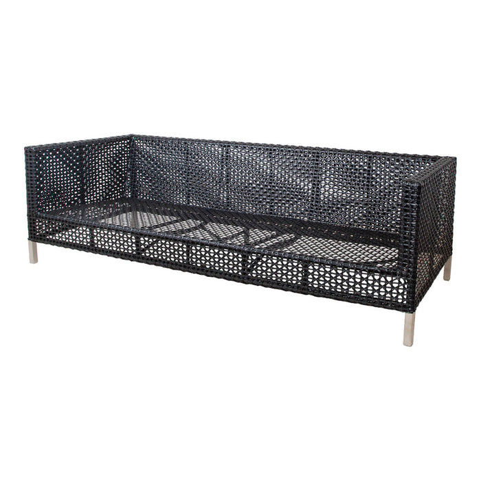 Black woven outdoor sofa with square cutout patterns and sleek silver legs. Modern and stylish design.