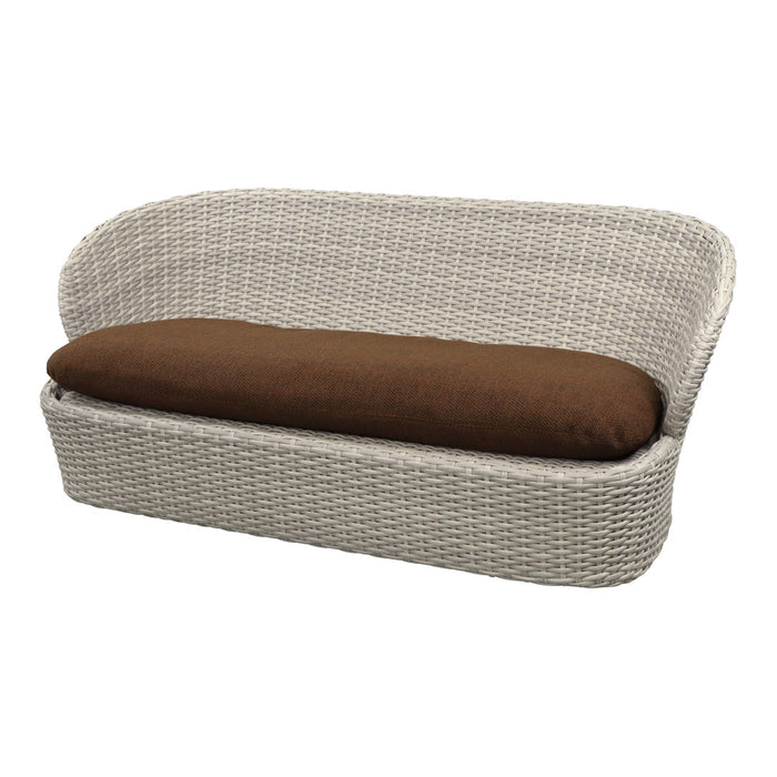 White woven outdoor loveseat with a rich brown cushion for stylish patio seating.