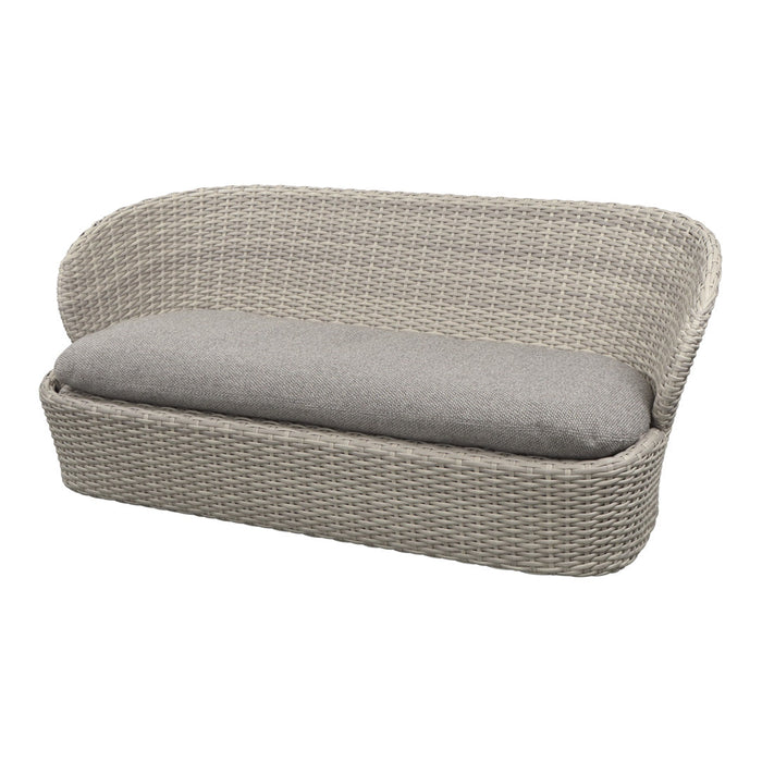 Light gray woven outdoor sofa with a plush gray cushion, featuring a sleek, contemporary design.