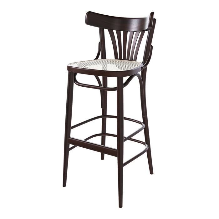 Brown wooden bar stool with a woven seat pattern, featuring a classic design. Ideal for modern and rustic decor.