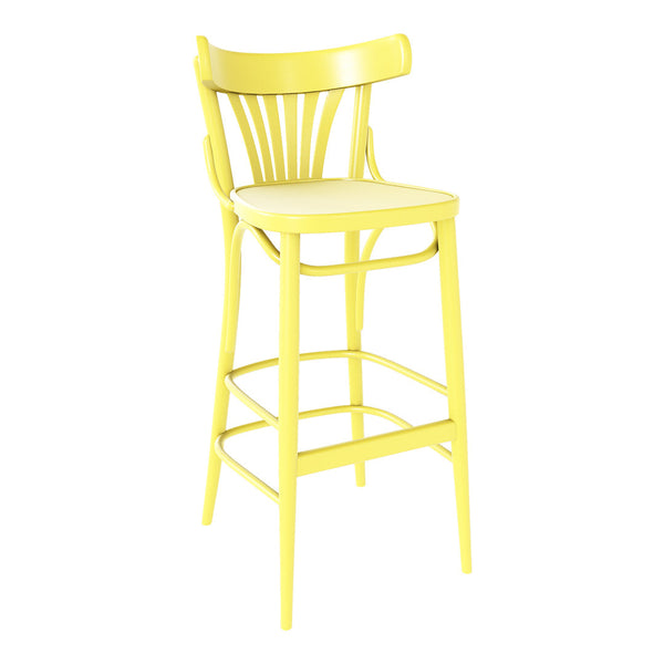 Bright yellow bar stool with a slatted back and simple seat design, perfect for modern and vibrant spaces.