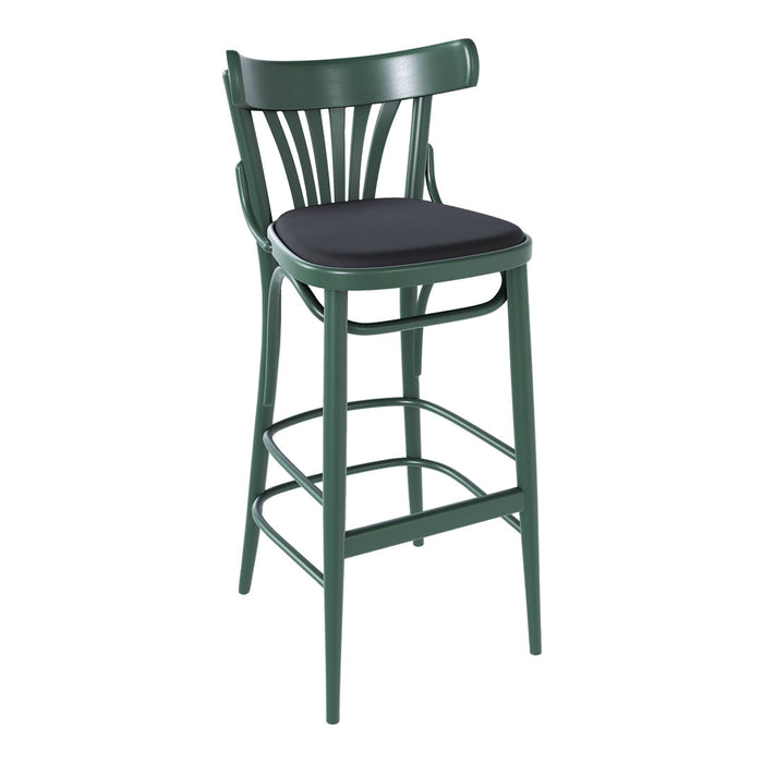 Green wooden bar stool with a black padded seat and slatted back design. Ideal for modern or classic interiors.