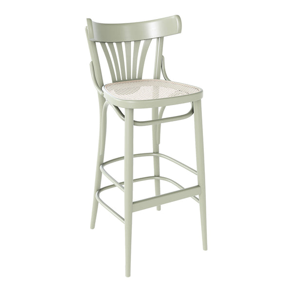 Light green bar stool with a natural woven seat and a classic slatted back design.
