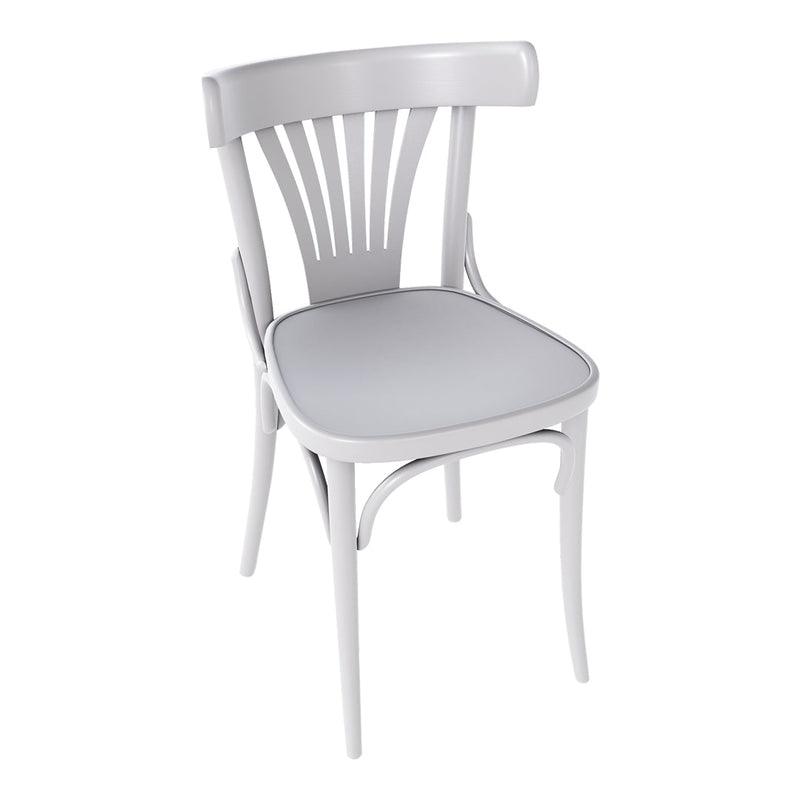 White wooden chair with a slatted back and a smooth, gray upholstered seat. Modern and minimalist design.