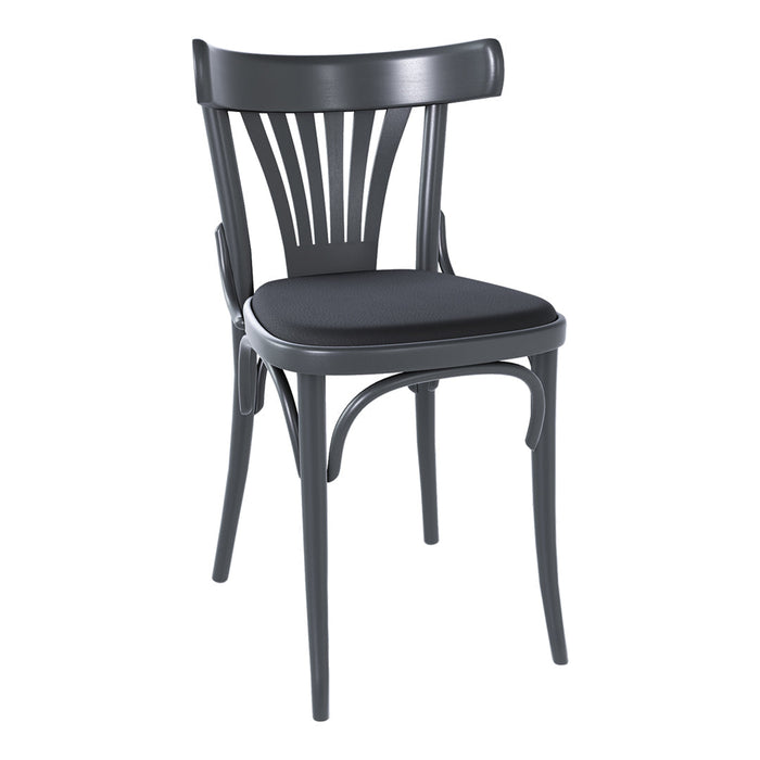 Sleek black wooden chair with a slatted back and cushioned seat, showcasing modern elegance and minimalist design.