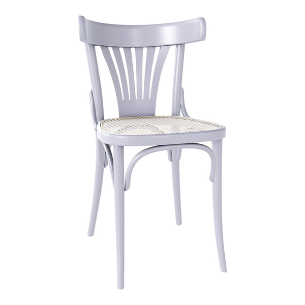 Light lavender chair with a woven rattan seat, featuring a minimalist design and elegant slatted backrest.