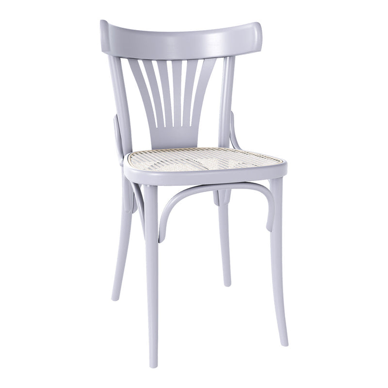 Light lavender chair with a woven rattan seat, featuring a minimalist design and elegant slatted backrest.