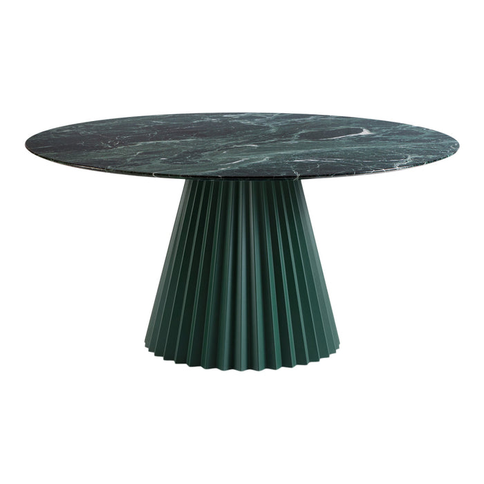Round table featuring a dark green pleated base and a marbled black and white tabletop. Elegant and modern design.