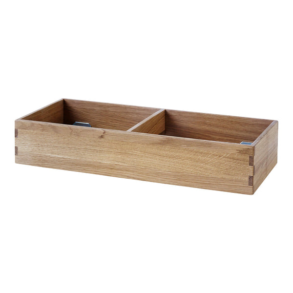 Wooden storage box in natural wood tone, featuring a simple, clean design with two compartments.