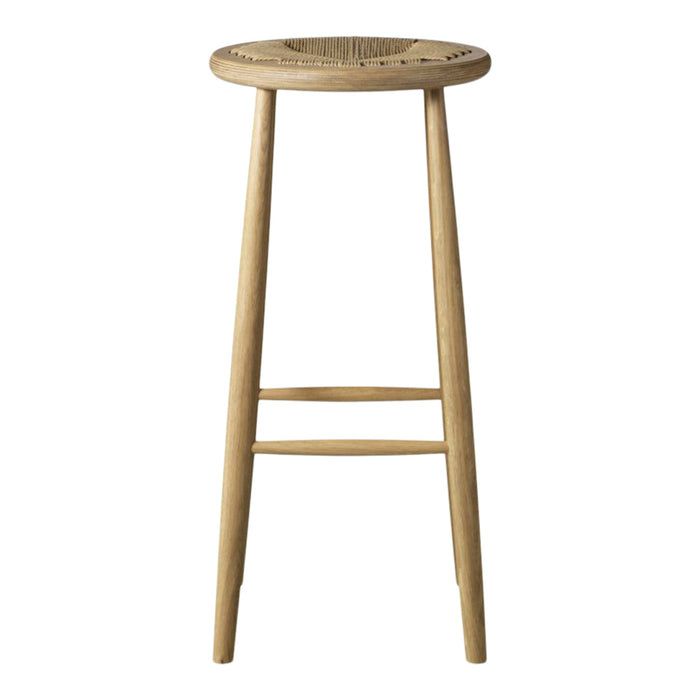 Natural wooden bar stool with woven seat, showcasing light beige tones and a minimalistic design.