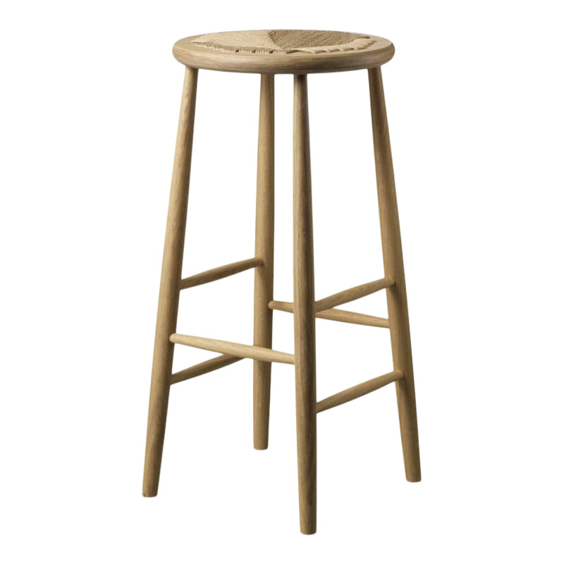 Natural wood bar stool with a simple, woven seat in a light tan color and minimalistic design.