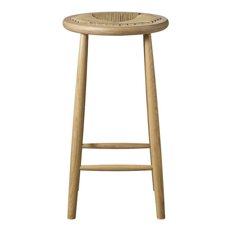 Natural wood stool with a woven seat pattern, featuring light tan and beige tones. Stylish and minimal design.