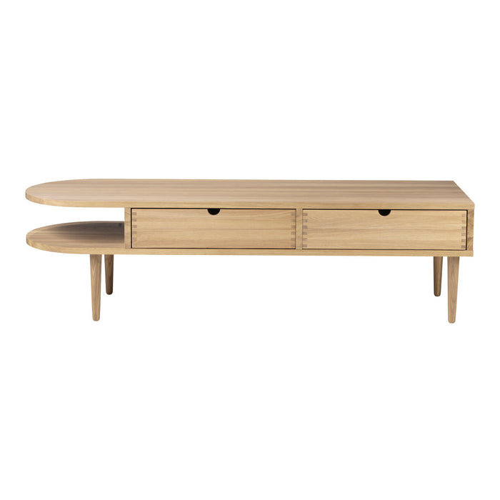 Natural wood coffee table in light oak finish with sleek, minimalistic design and subtle horizontal patterns.