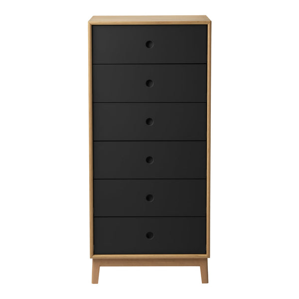 Tall chest of drawers featuring a sleek black finish with natural wood accents and minimalist design.