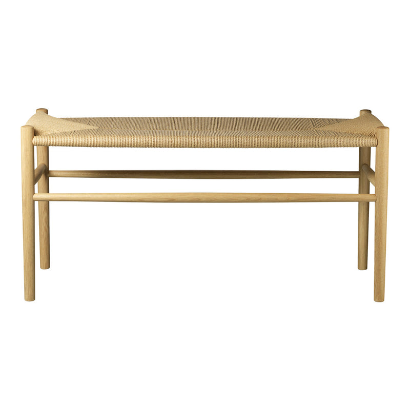 Natural wood bench with a light beige woven seat pattern, featuring a minimalist design and clean lines.