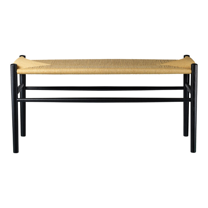 Natural woven seat with a black frame design. Neutral tones and minimalist pattern enhance any decor.