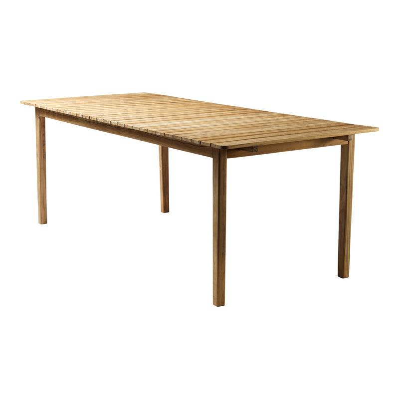 Natural wooden dining table with a smooth, slatted surface and light brown tones, perfect for rustic decor.