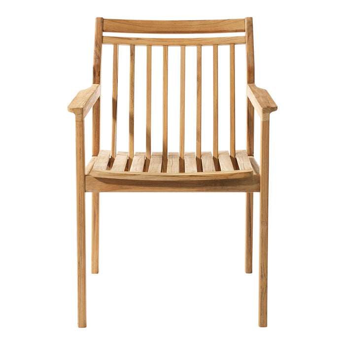 Natural wood armchair with slatted back design, showcasing a warm, honey-toned finish. Ideal for indoor or outdoor use.