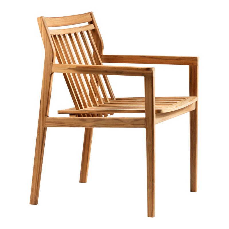 Natural wood chair with a warm, honey tone and vertical slat pattern, perfect for modern outdoor spaces.