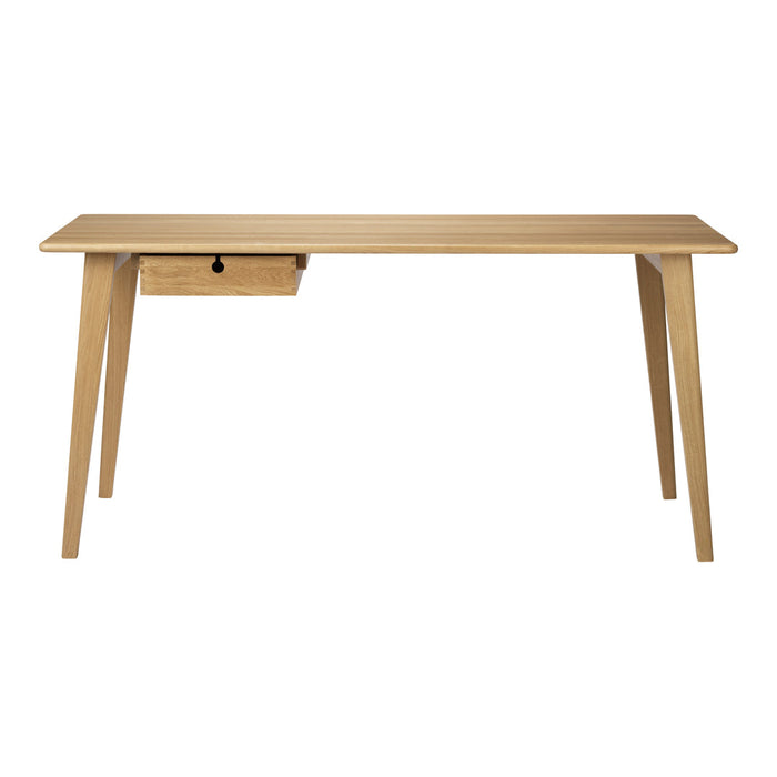 Natural wood desk with a light oak finish and clean lines; features a single drawer for storage.