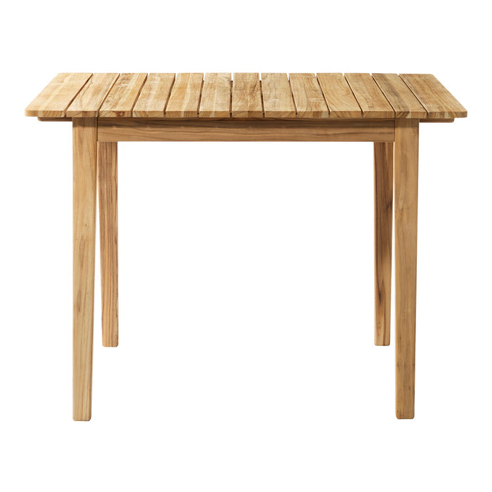 Natural wood dining table with a light brown finish and slatted top design. Perfect for rustic decor.
