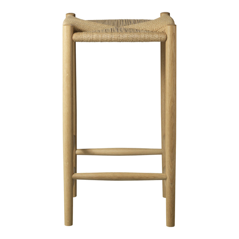 Natural wood finish with a woven straw seat, featuring earthy tones and a minimalist design. Perfect for modern decor.