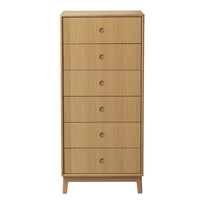 Light oak wood tall dresser with six smooth drawers and minimalist design, featuring natural wooden grain patterns.