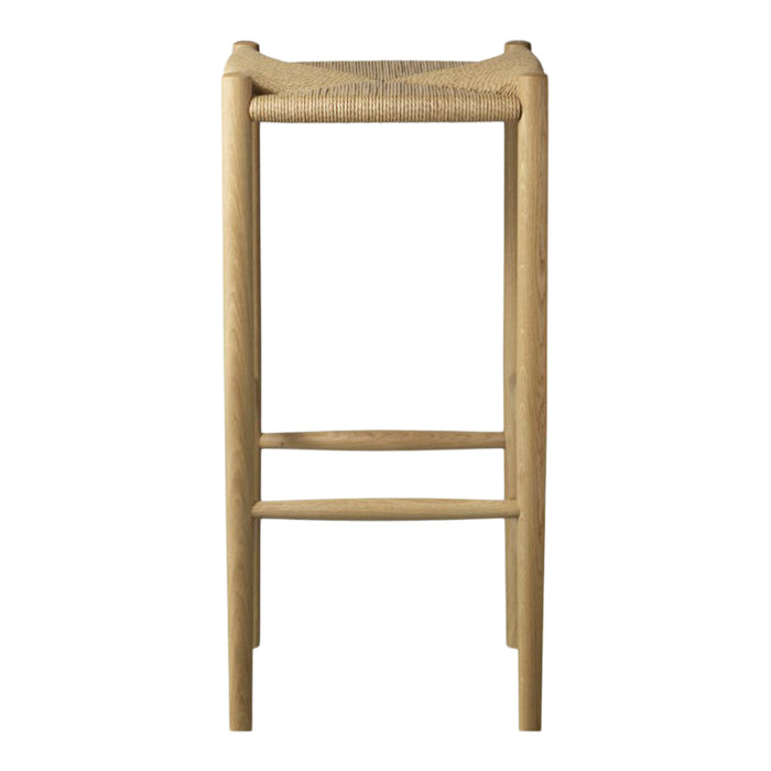 Natural wood bar stool with light beige woven seat and simple design, perfect for modern or rustic decor.