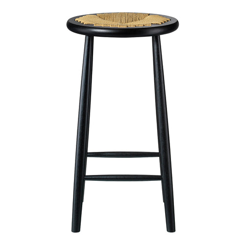 Black wooden stool with a natural woven seat, featuring a round top and slender legs. Perfect for modern decor.