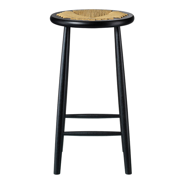 Black wooden stool with a natural woven seat, featuring a round top and slender legs. Perfect for modern decor.