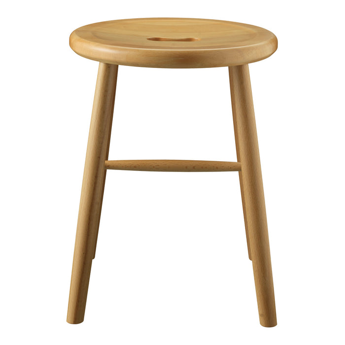 Light blonde wooden stool with a smooth round seat and simple tapered legs, showcasing a minimalistic natural finish.