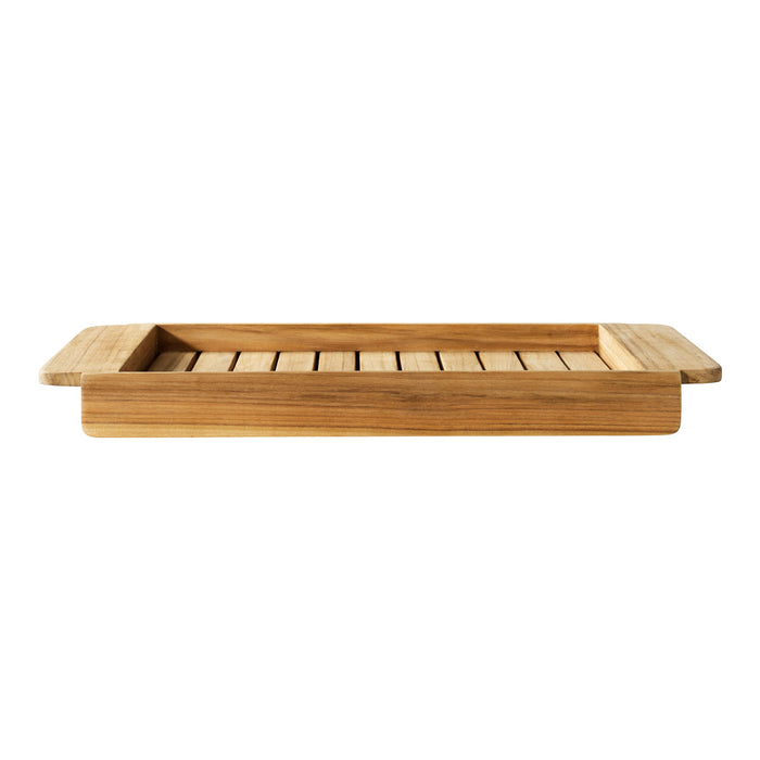 Natural bamboo serving tray in warm brown with a slatted design for a rustic, minimalist aesthetic.