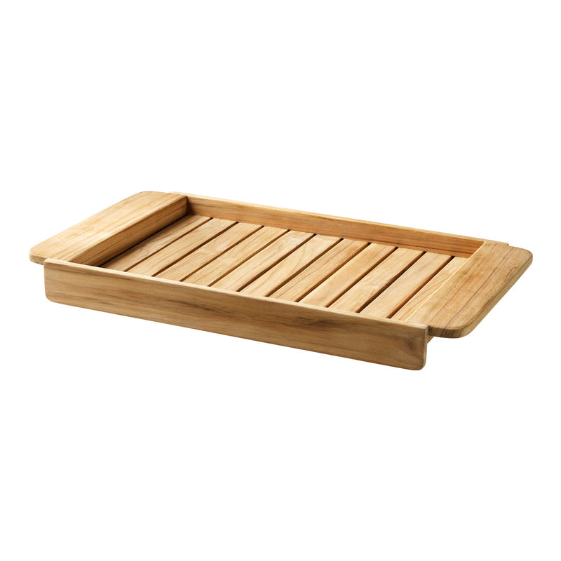Natural bamboo serving tray with a sleek, slatted design and smooth, warm wood tones.