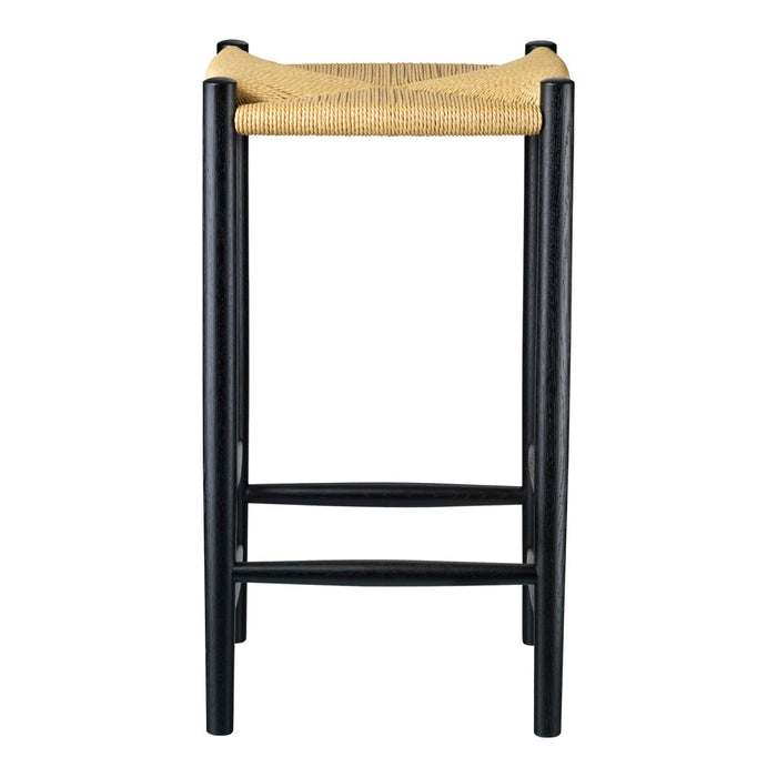 Tall black wood stool with a natural woven seat, featuring a distinctive crisscross pattern.
